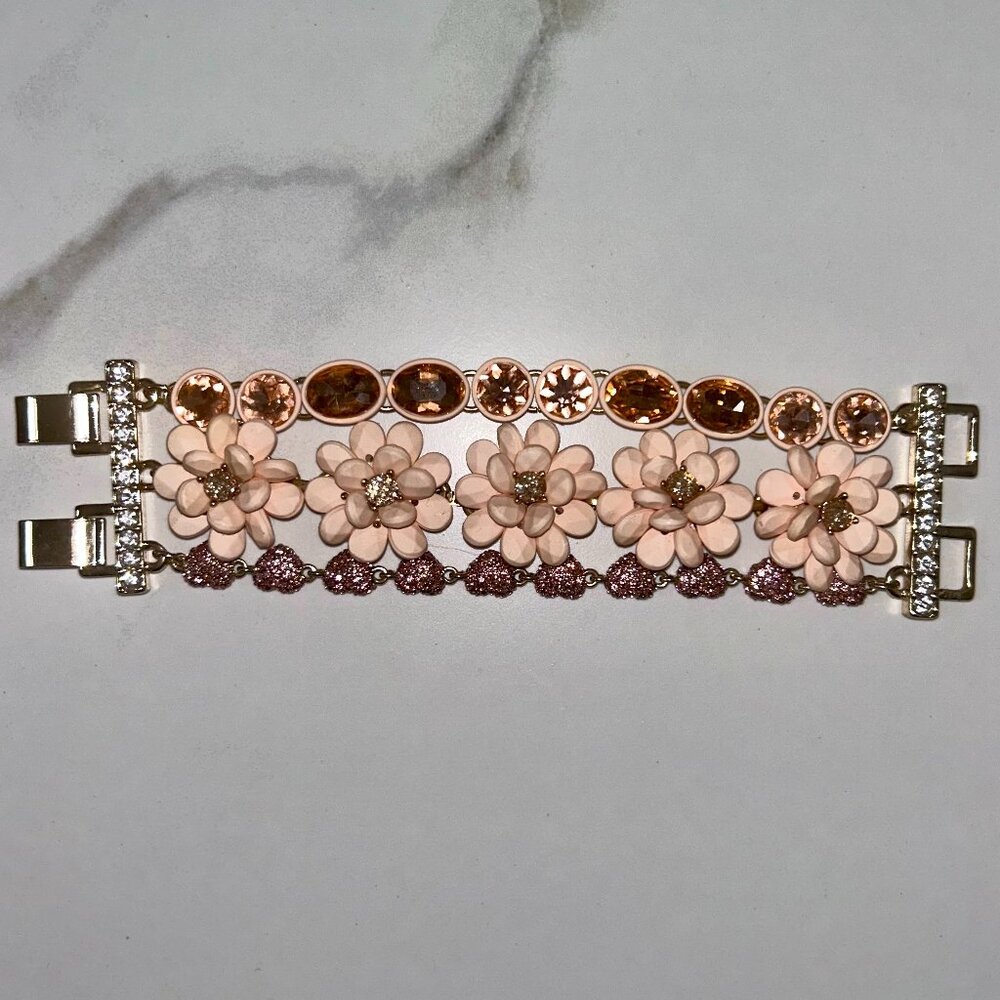 Betsey Johnson Pink Flower Cluster Crystal Rhinestones three row link Bracelet